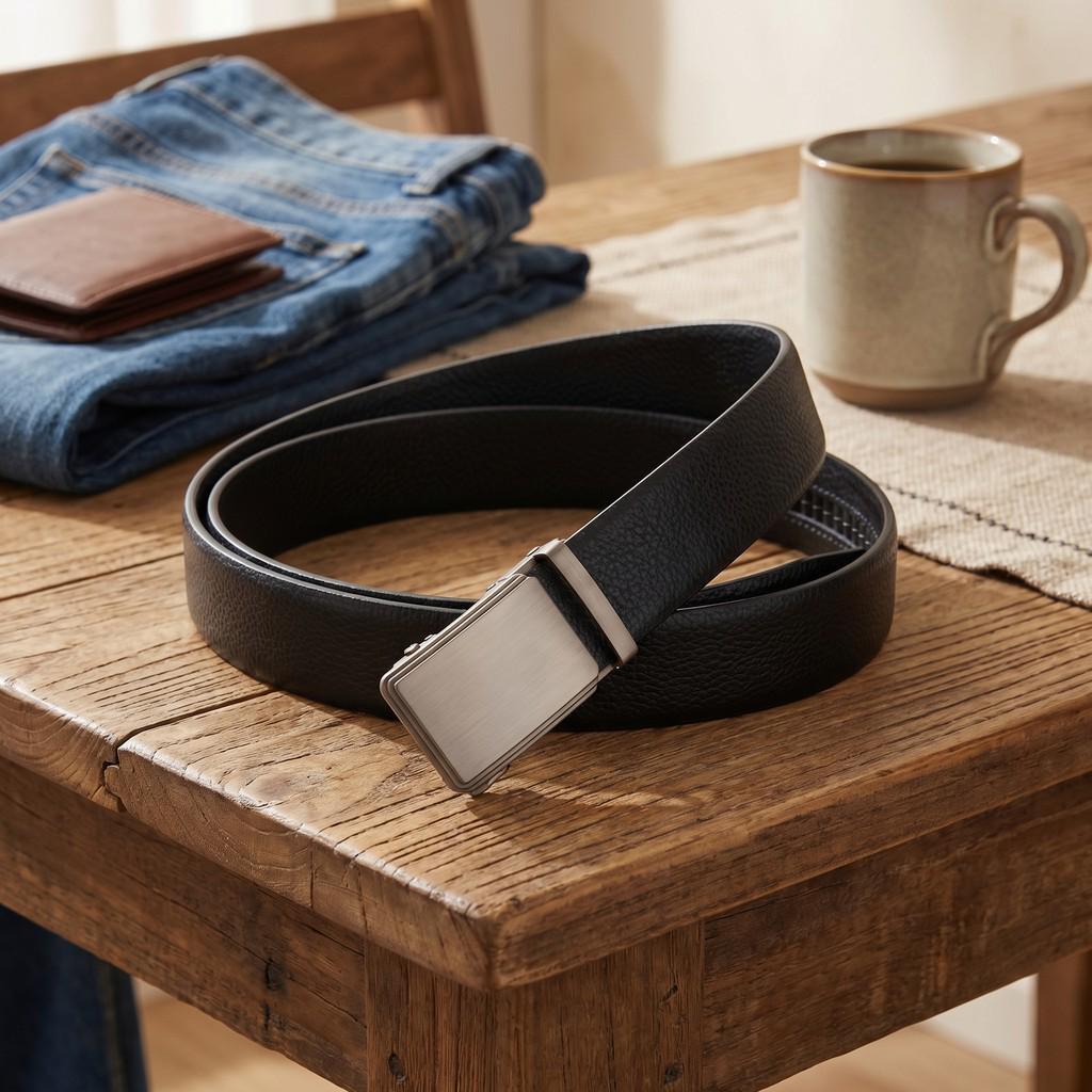 Men s Bark Texture Cowhide Leather Belt with Automatic Buckle 115 cm