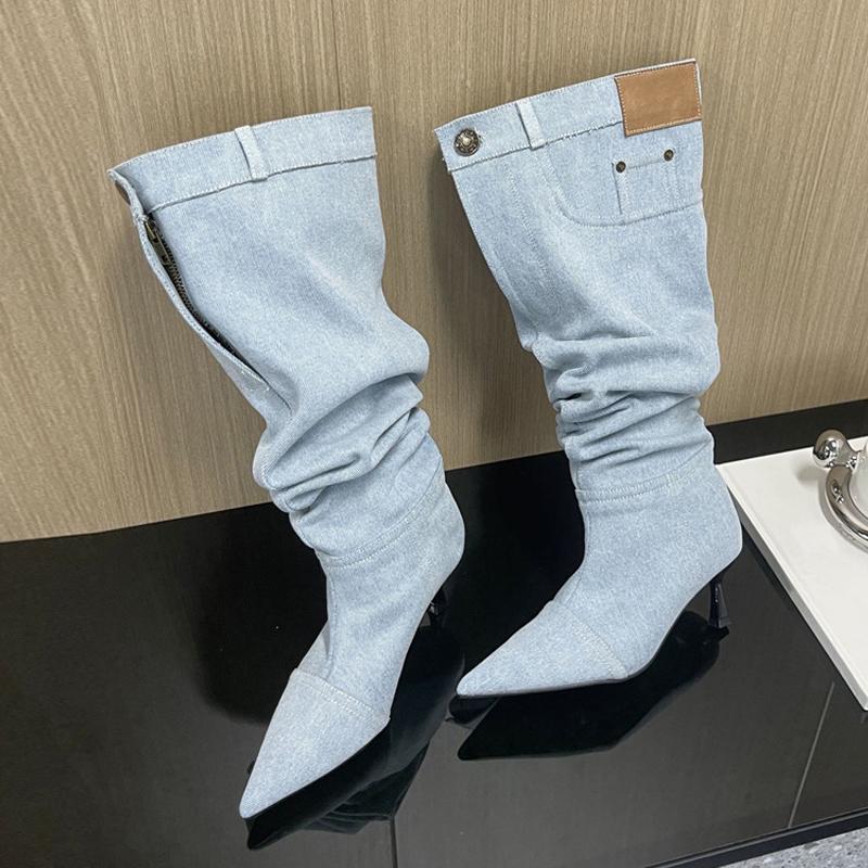 Fashion Liyke New Style Stitching Pleated Denim Pants Knee High Boots Women Button Pocket Decor Patchwork Autumn Winter Slim Heels Shoes