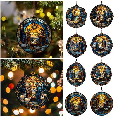 Christmas Nativity Scene Ornament Handmade Round Sun Catcher Baby's First Christmas Christian Religious Gift for Tree Window Decor