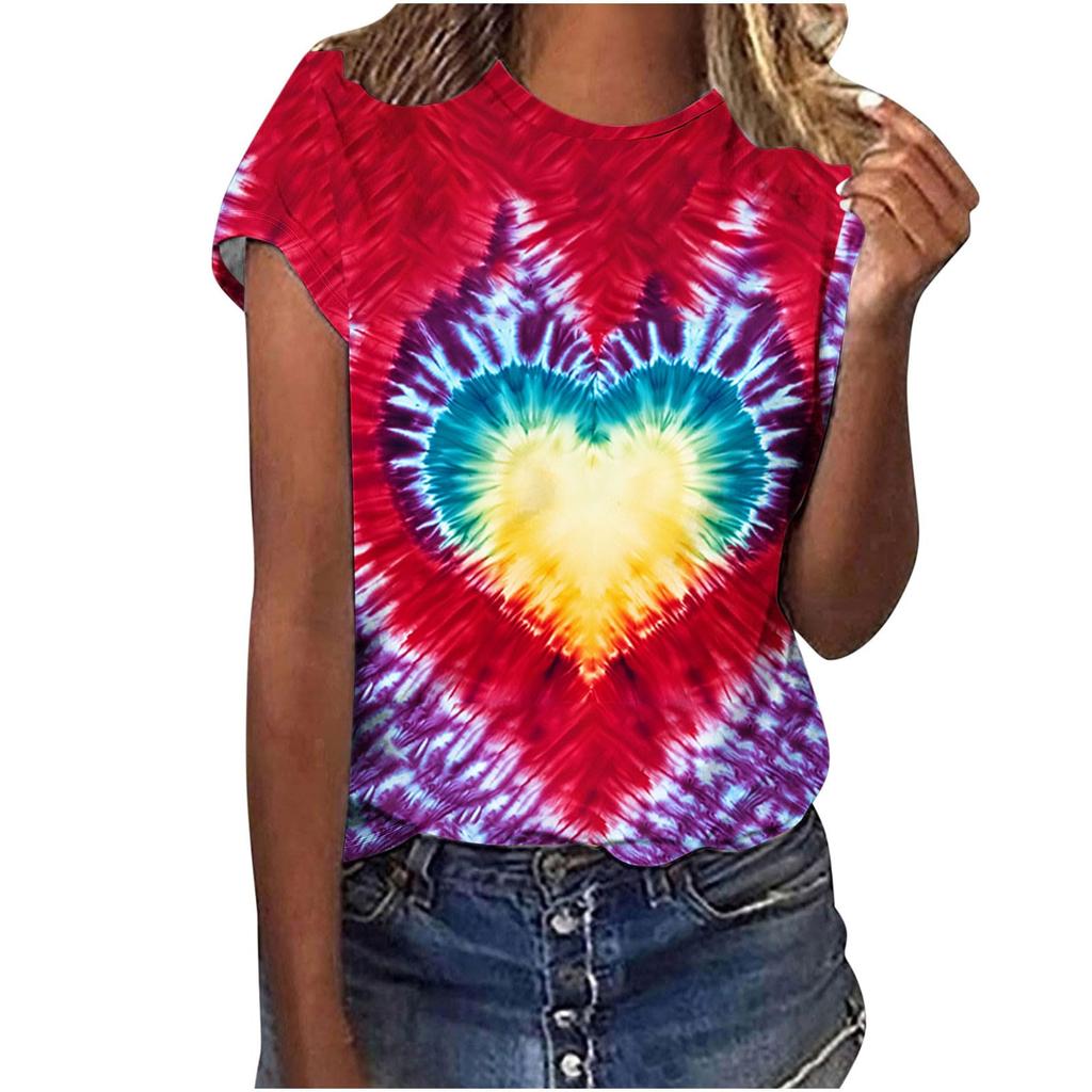 Heart Graphic 3D Print Tie Dye T-Shirts Women O-Neck Short Sleeve T Shirt Streetwear Y2k Harajuku Tees Basic Top Female Clothing