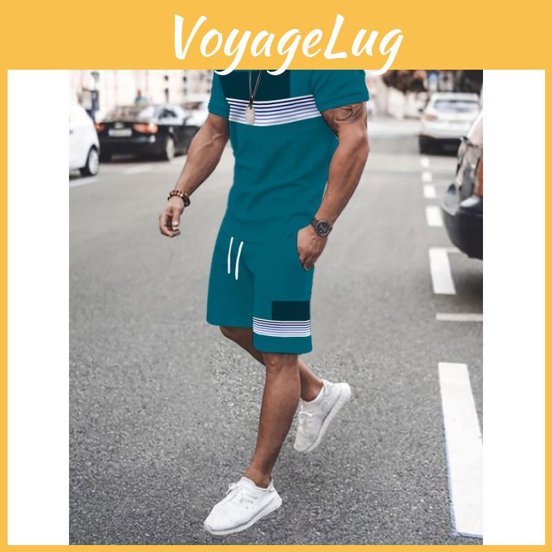 Fashion Striped 3d Mens 3d Printed Short Sleeved Tshirt And Shorts Set Stylish Contrasting Design Comfortable Round Neck