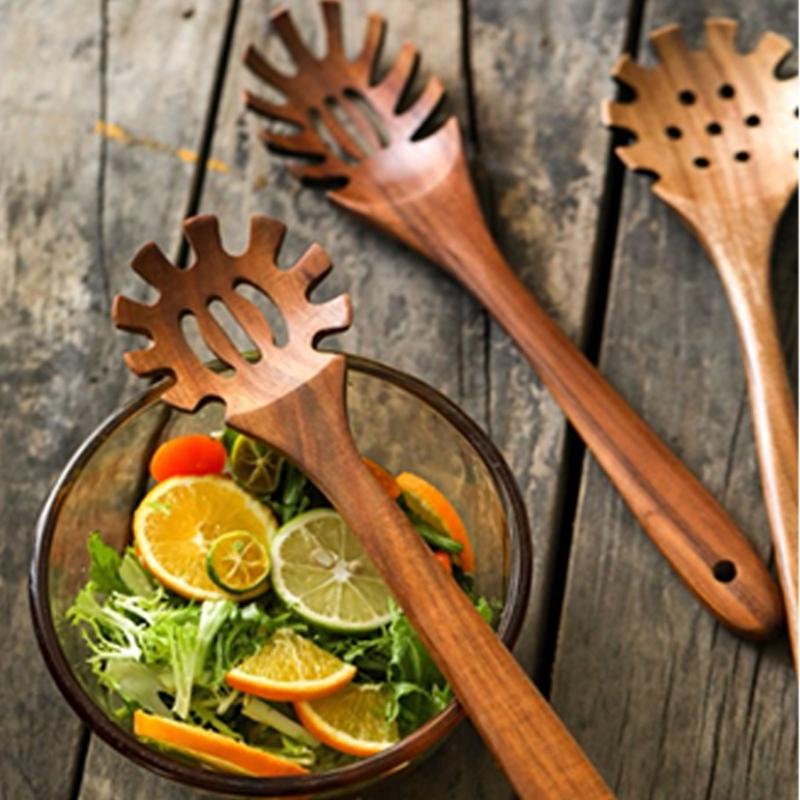 Ergonomic Handle Natural Wood Serving Spoon for Pastas Nonstick Surfaces Spaghetti Tongs Easy to Clean Kitchen Tool