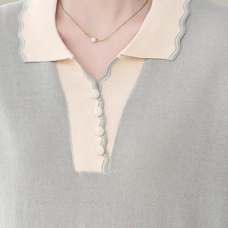 Summer Short-sleeved Middle-aged Women's Ice Silk T-shirt Top Lapel Fashion Pullover