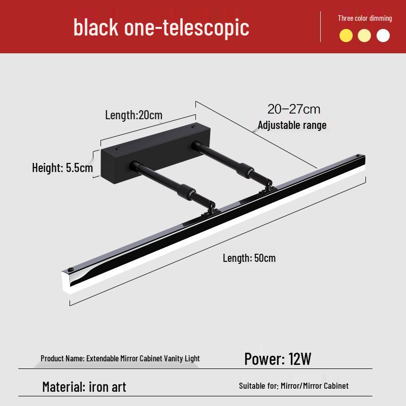 Nordic Minimalist LED Vanity Light, Telescopic Mirror Cabinet, Punch-Free, Three-Color Wall Light for Bathroom