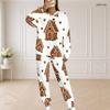 Women Plus Size Two Piece Set Round Neck Long Sleeve White Printed Top And Long Pants