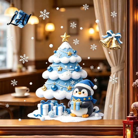 Indoor Outdoor Holiday Stickers Christmas Tree/Santa Claus Window Clings Blue PVC Waterproof Static Glass Stickers Tree Clings Winter Wall