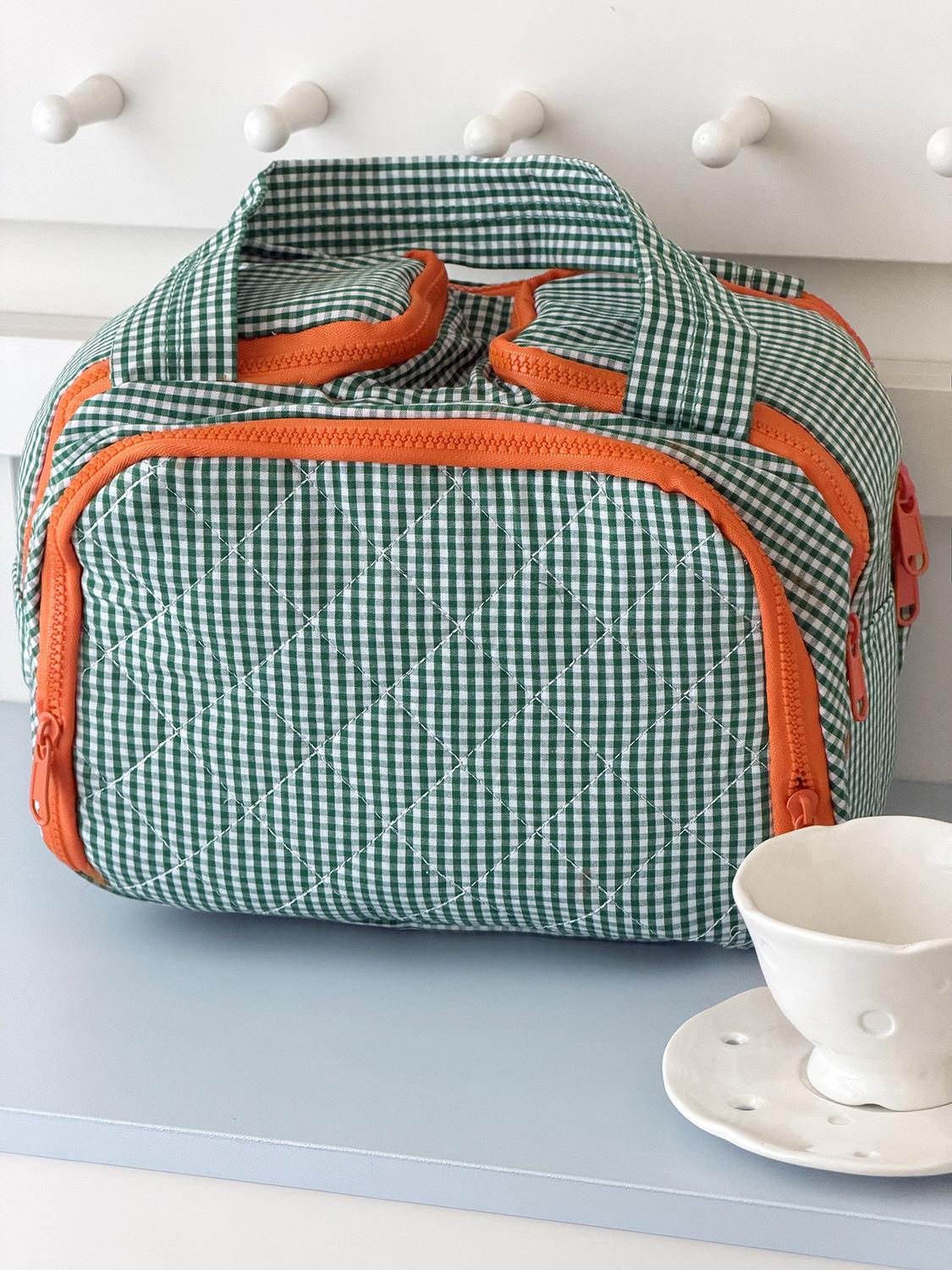 Two-tone plaid large-capacity portable travel toiletry storage bag, plaid puff handbag for makeup зеленый плед