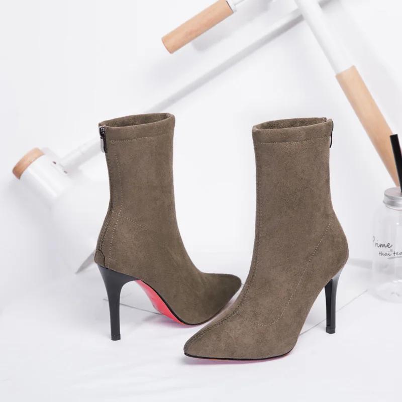 Fashion 2025New Women Sexy Boots Autumn Red Bottom Thin High Heels Pointed Toe Solid Black Suede Fashion Ankle Boots