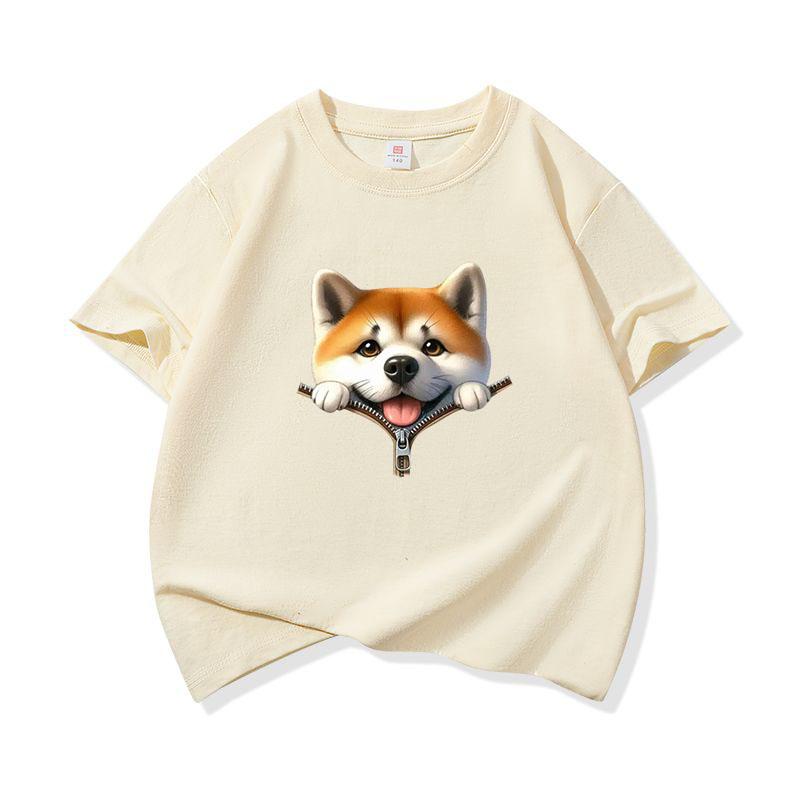 Kids Pure Cotton T Shirt Adorable Dog Zipper Print Crew Neck Short Sleeve Tee Casual Breathable Boys Girls Summer Tops