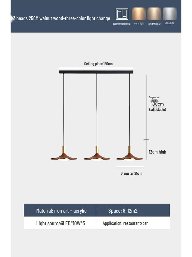 Nordic Walnut Three-Head Pendant Light for Dining, Bar, or Bedroom, Vintage UFO Style