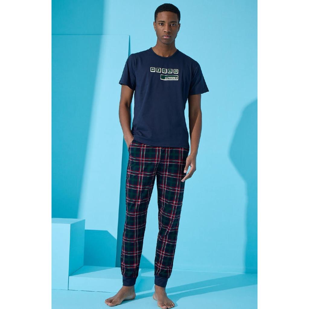 Marineblaues „Hello Summer“-Pyjama-Set mit kurzen Ärmeln und Aufdruck für Herren