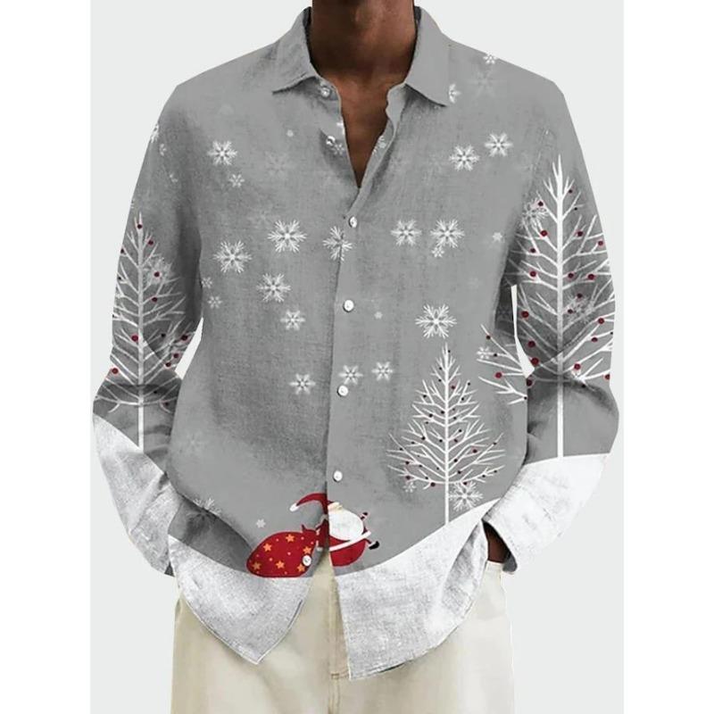 Man Christmas Scene Print Shirt Santa Claus Deer Lapel 3D Outdoor Long Sleeve Button-Up Print Fashion Designer Style
