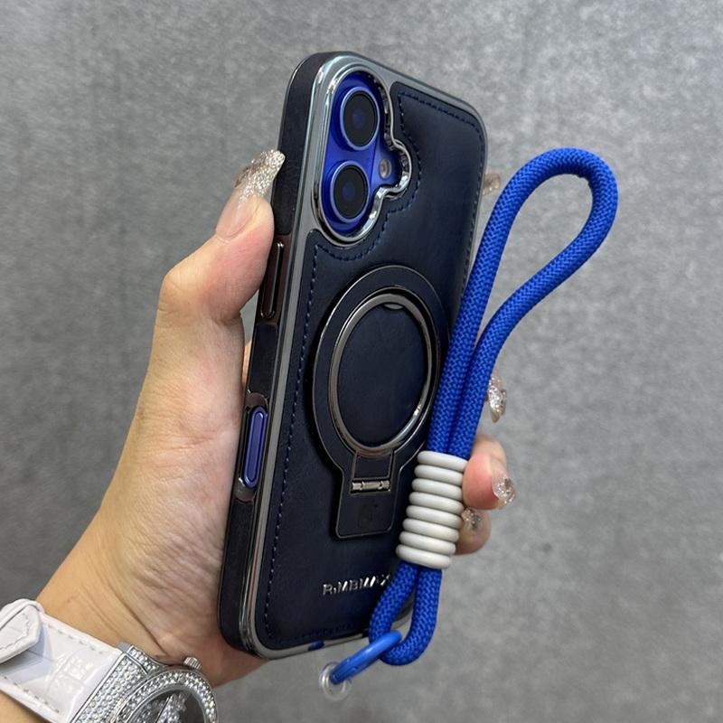 Obchodní kožené pouzdro s magnetickým držákem pro iPhone 16 Pro Max 15 Pro 14 13 12 Luxury Lanyard Shockproof for Magsafe Stand Phone Cover