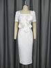 Evening Party Bodycon White Dresses for Ladies with Short Sleeve 3D Flower High Waist Birthday Bridesmaid Wedding Guest Midi Gowns