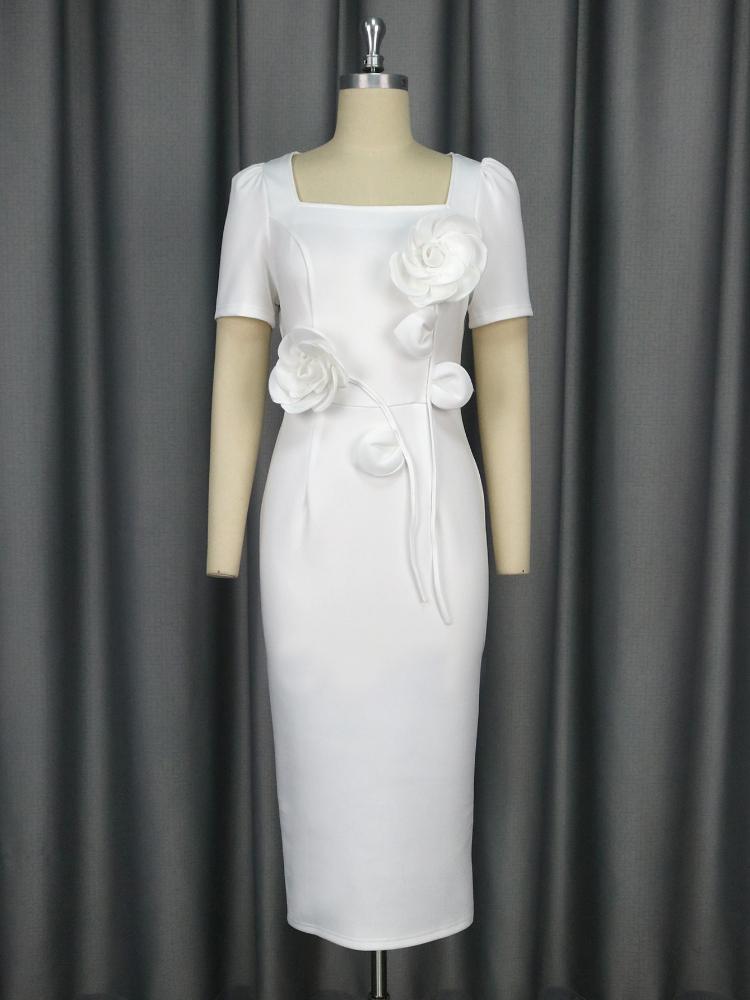 Evening Party Bodycon White Dresses for Ladies with Short Sleeve 3D Flower High Waist Birthday Bridesmaid Wedding Guest Midi Gowns
