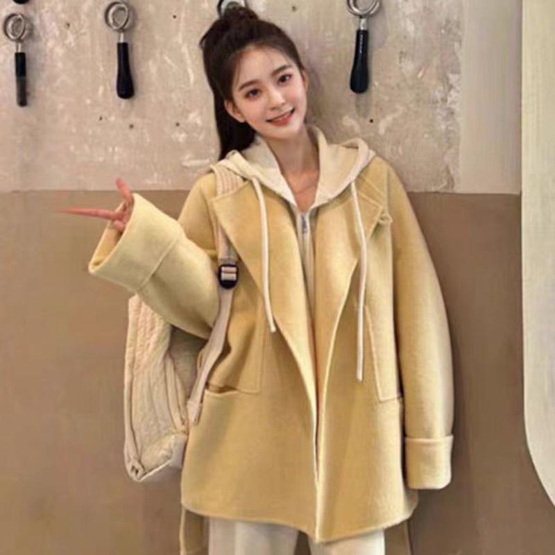 Stylish Korean-Style Yellow Wool Coat for Petite Women - Double-Faced and Elegant Winter Fashion Large