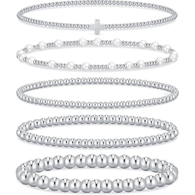 Gold Beaded Bracelets for Women, 14K Real Gold Plated Jewelry for Women Dainty Pearl Bead Bracelets Stack, Non Tarnish Trendy Stackable Ball Cross