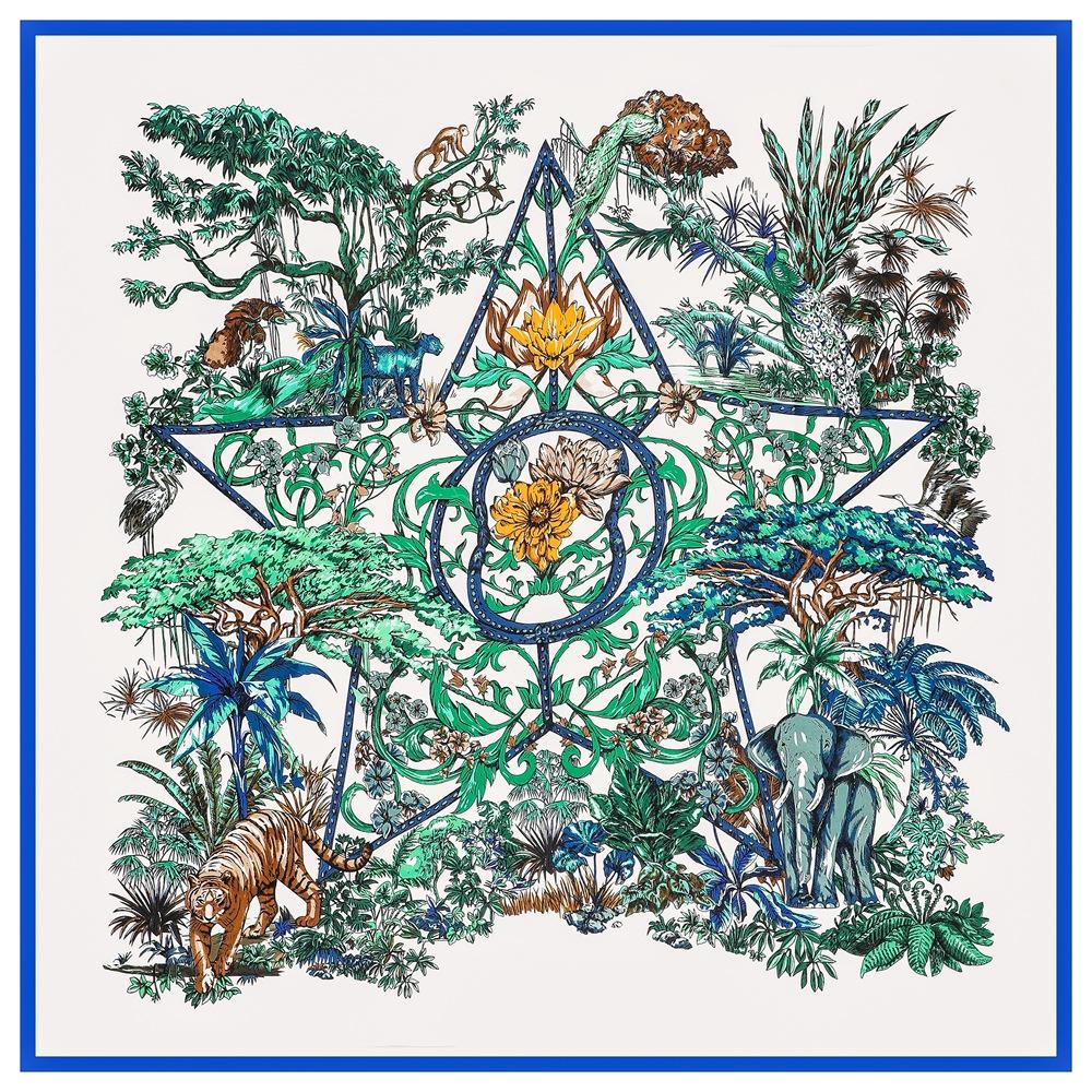 Silk Scarf Women Large Shawl Plant Jungle Tiger Elephant Stoles Square Bandana Luxury Kerchief Hijab Scarf Female Foulards 130CM