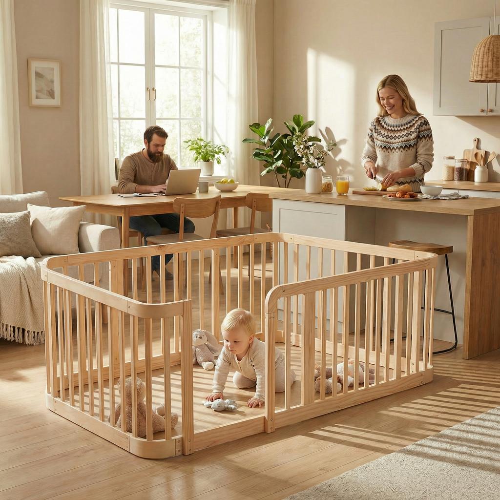 140×200cm Natural Wood Modular Baby Playpen, 7cm Standard-Compliant Gap, Rounded Edges, Universal Child Safety Fence for Indoors
