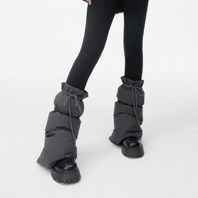 Women Winter Padded Puffer Leg Warmers for Outdoor Work and Sports Adjustable Drawstring Flared Boot Covers Long Socks