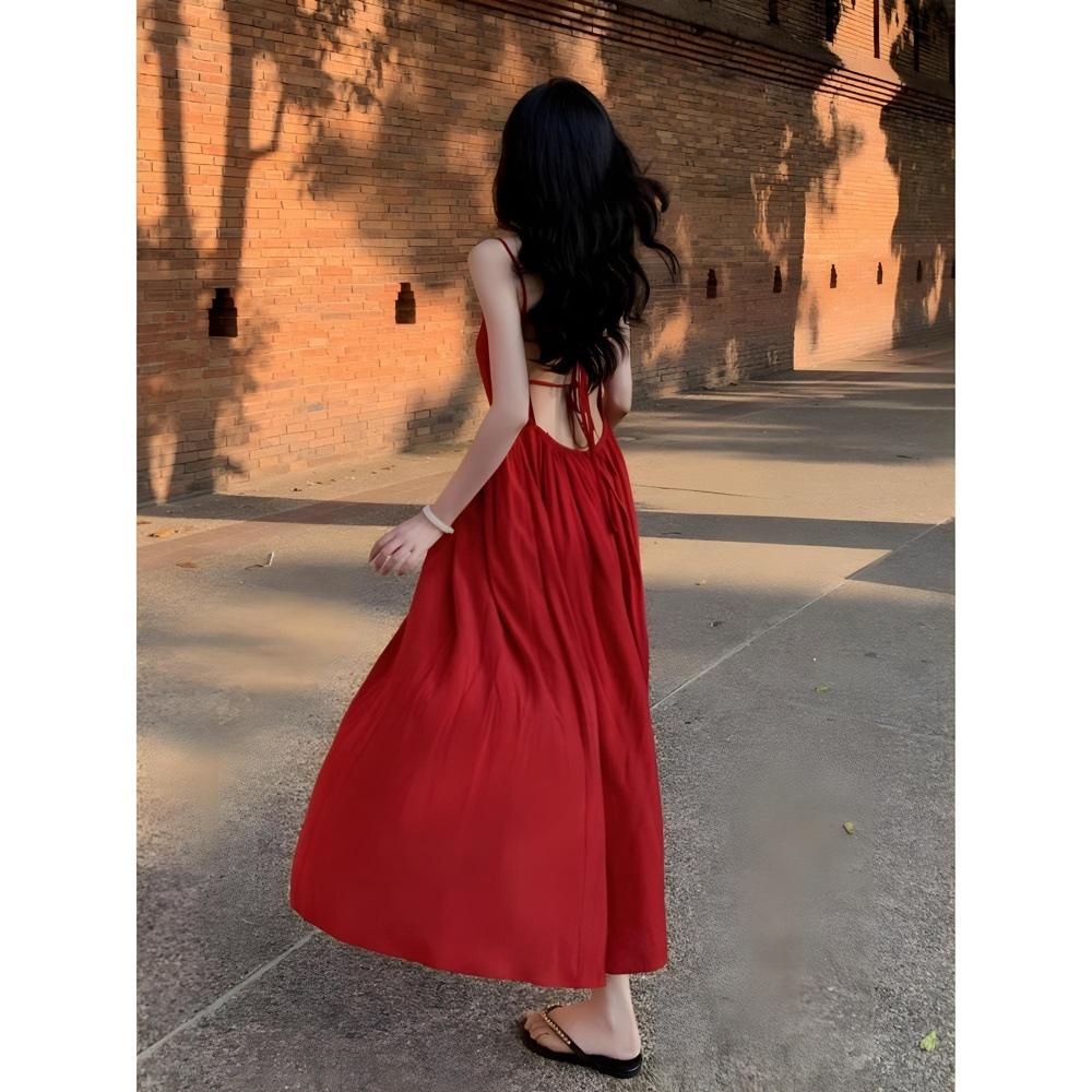 

Красное платье-сарафан с халтером, стиль морского отдыха, темпераментное длинное платье, лето XL- (recommended 110-60kg)