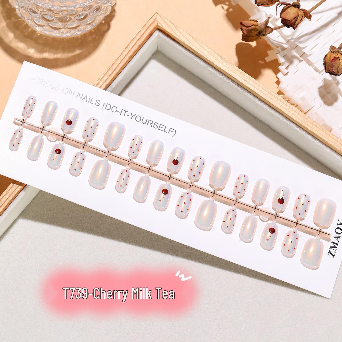 T739 Cherry Milk Tea 3D Cat Eye Red Polka Dot Nails Extra Small/S/M