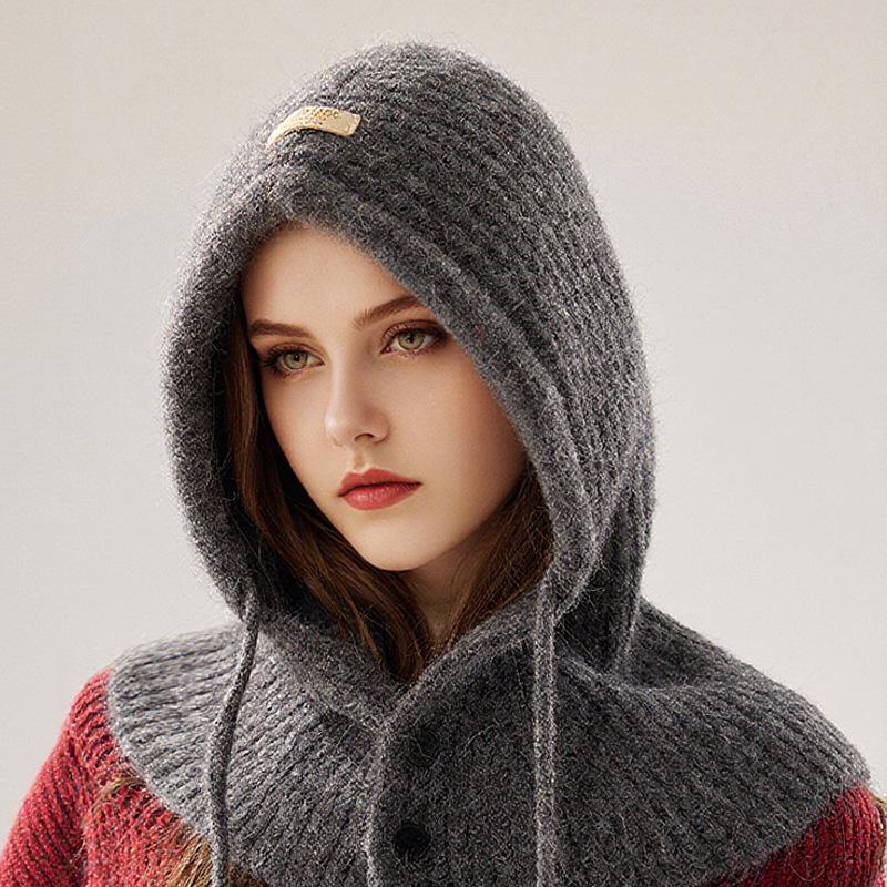 

Балаклава с большим обхватом головы для женщин на осень и зиму, новая вязаная шапка-капюшон, интегрированный теплый шарф для защиты ушей, шерстяная шапка