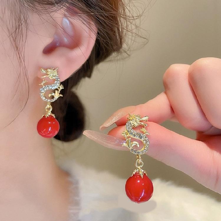 Delicate Dragon Year Ear Studs with Diamond Embellished Stylish Drop Ear Rings