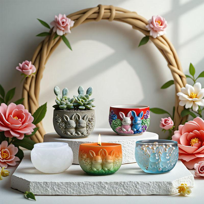 Lovely Bunny Flower Pattern Silicone Mold Candle Aromatherapy Cup Flower Pot Gypsum Mold DIY Craft Moulds Reusable Handmade Tool