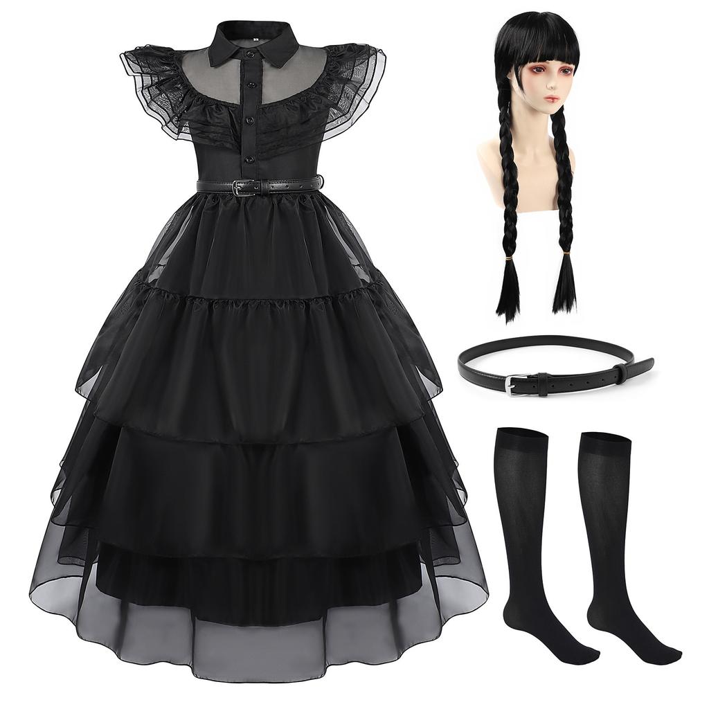 Girls Wednesday Addams Costume Dress, Gothic Party Cosplay, Halloween Role Play, Black Polyester Dress, 140cm