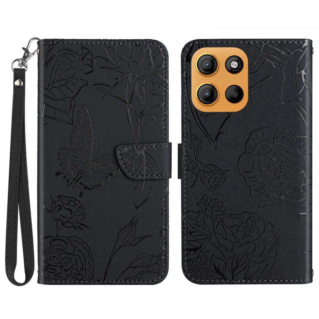 For Motorola Moto G15 4G Case Leather Phone Cover with Strap,Butterfly Flower Imprint