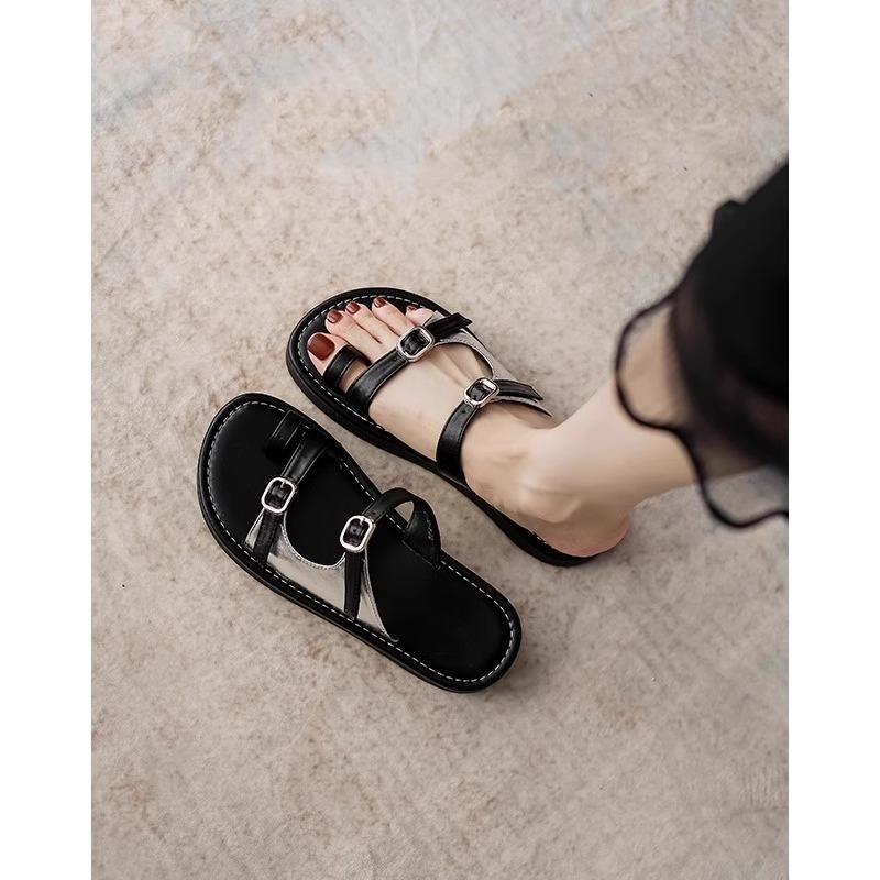 

Soft leather version~ toe slippers women s summer wear flat bottom one-word drag open-toe cool slippers thick-soled beach Roman sandals 35
