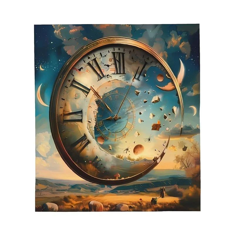 Comfortable clock and planetary printed flannel blanket-soft,warm lightweightseasonmachinewashablecolorfulretrostylefantasytheme