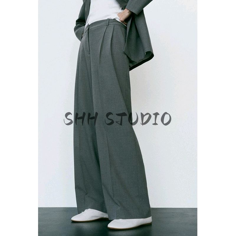 Lapel Long Sleeves with Padded Shoulder Double Breasted Suit Outwear 2129095 Pleated High Waist Wide Leg Pants 2125095