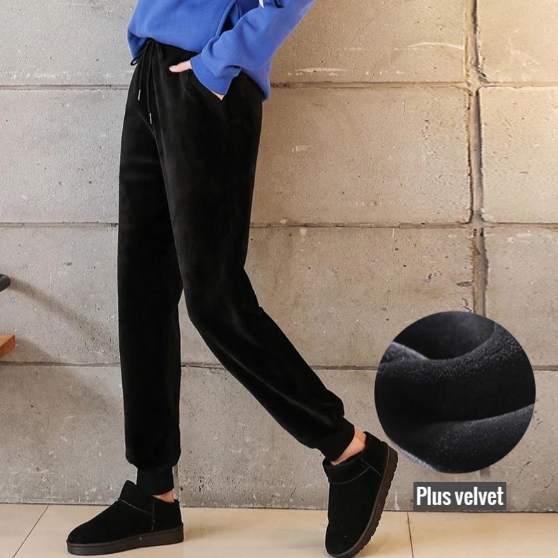 

Женские бархатные плотные теплые эластичные брюки гарем с высокой талией на шнуровке, свободные брюки до щиколотки для женщин S чёрный