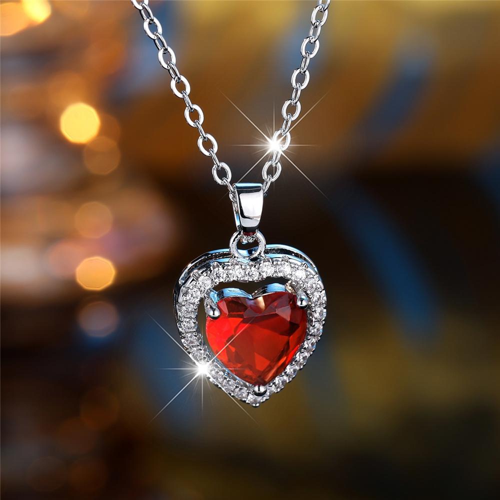 Female Crystal Blue Red Green Zircon Stone Love Heart Pendant Necklace Vintage Silver Color Wedding  For Women