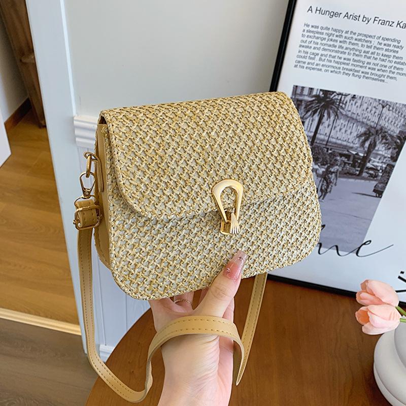 

Летняя женская соломенная сумка-седло через плечо с кружевом и цветами, 2024 хаки