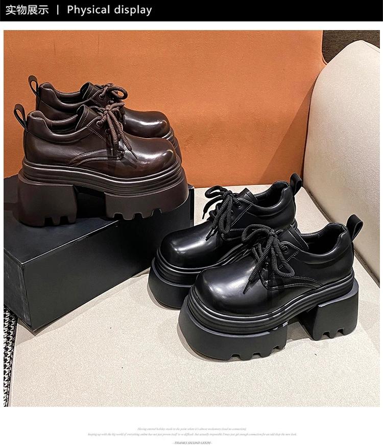 New 2025 Spring Women Platform Casual Shoes Loafers Lace-up Chunky Sneakers 10CM High Heels British Thick Bottoms Leather Shoes