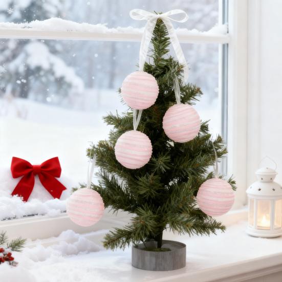 4Pcs Pink Christmas Balls Ornament Large Shatterproof Foam White Pink Stripe Hanging Ball Xmas Holiday Wedding Party Decoration