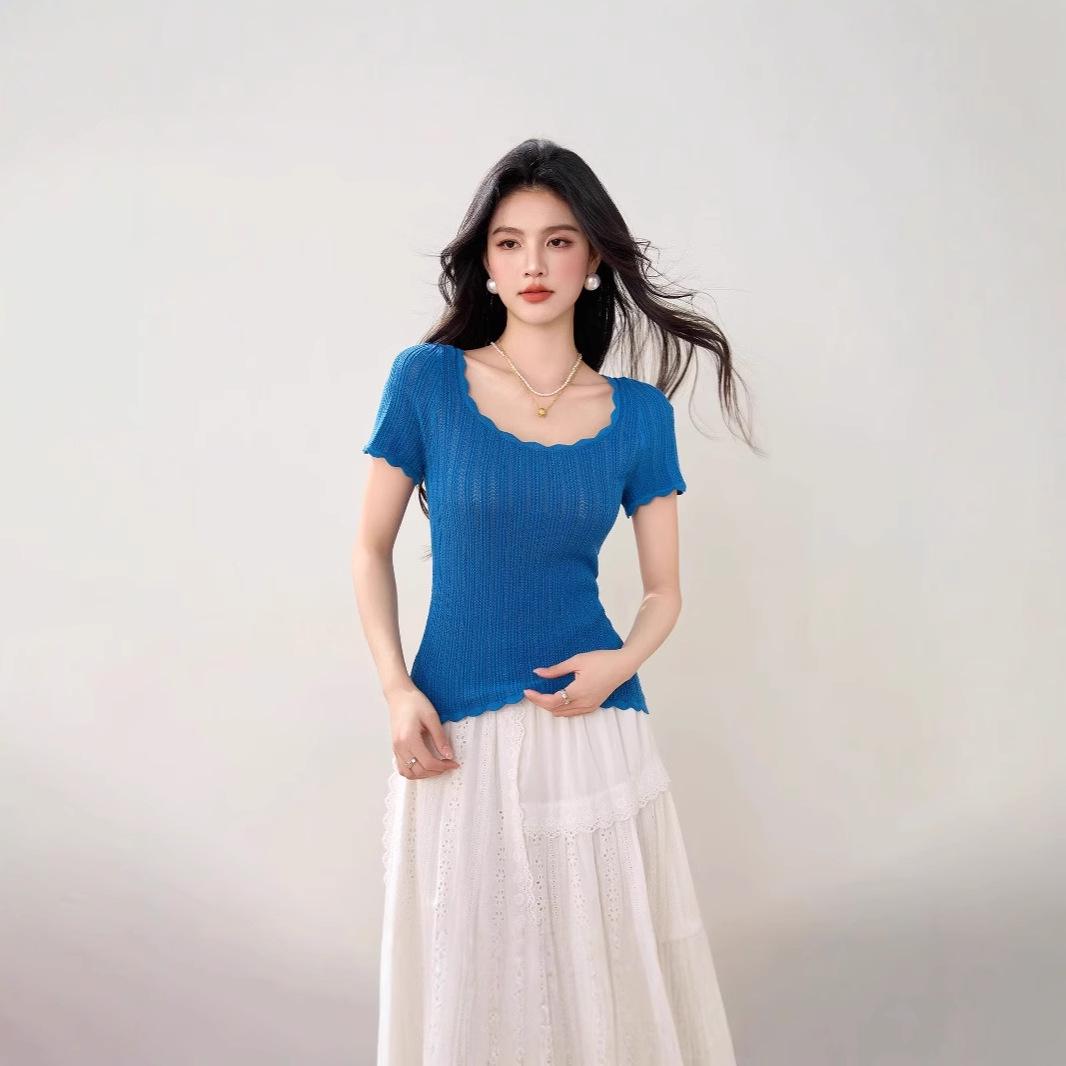 

Women s 2025 Summer Blue Square Neck Knitted Top - Slim Fit, Short Sleeve, French Style One Size [Recommended for up to 125 lbs]