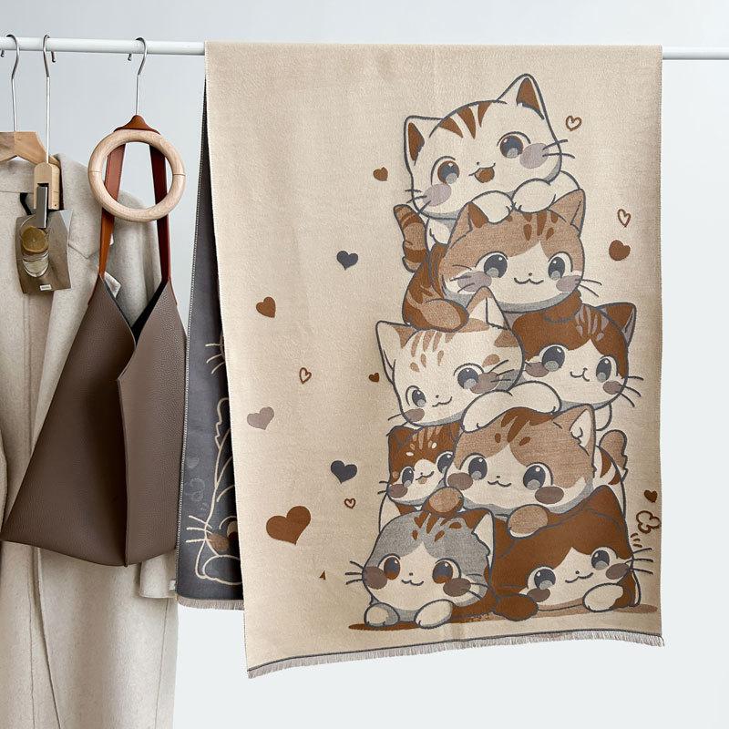 

Новый двухсторонний шарф из искусственного кашемира, женский модный высококлассный универсальный милый шарф с кошкой, утолщенный теплый шаль-шарф 190cm