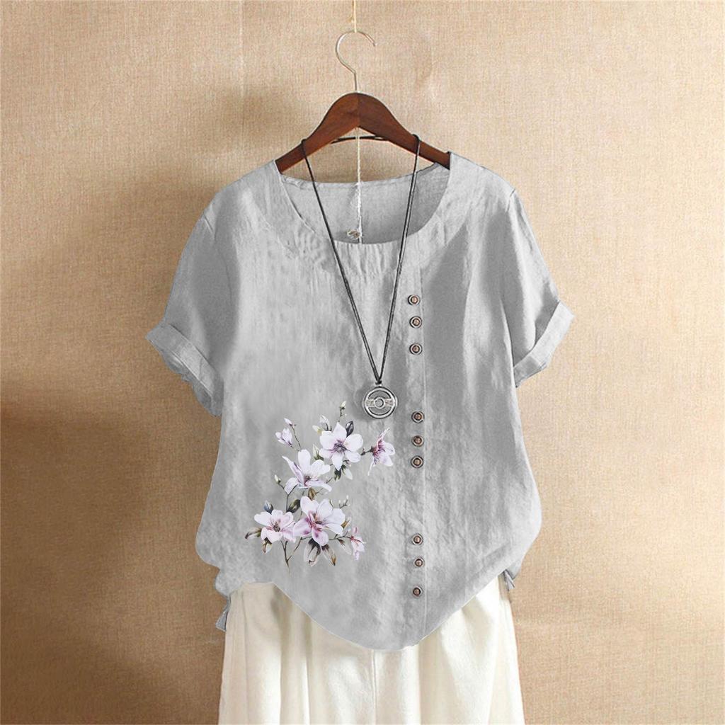 Women's Fashion Casual Temperament Round Neck Vintage Cotton And Hemp Solid Button Short Sleeve T-Shirt Top