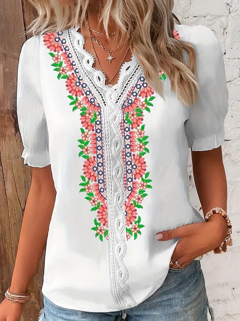 Summer V-neck Lace Printed Blouse Lace Patchwork Shirt Fashion Women Casual Short Sleeve Tops Ladies Shirt For Women 28628