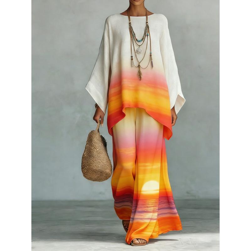 1116 European and American spring new printing temperament round neck versatile casual loose two-piece set