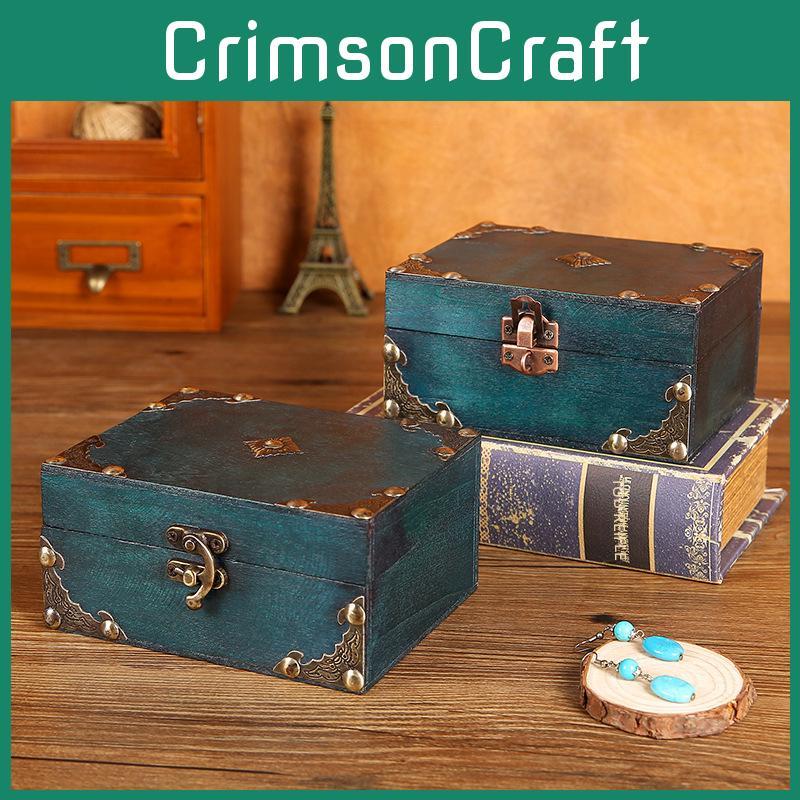 Vintage Style Wooden Jewelry Box With Lock Desktop Organizer For Home Decor