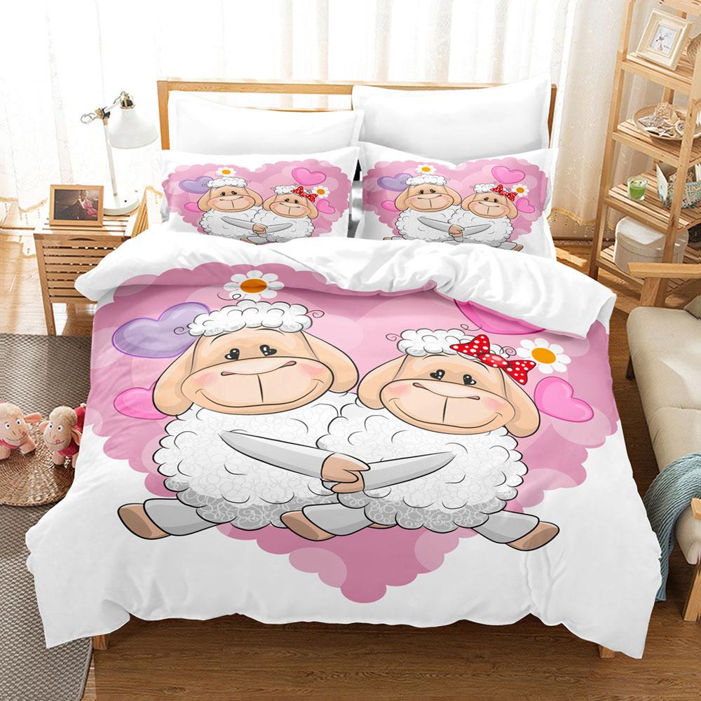 Sada povlaků na přikrývky se zvířaty Kreslený vzor s motivem bílé ovce Kawaii King Queen Twin Plná velikost pro děti Teens Polyester Sada povlečení