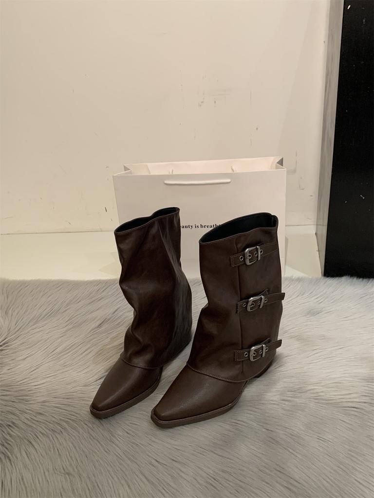~ Pointed pleated piled boots women's new belt buckle mid-tube pants tube boots thick heel short boots knight boots
