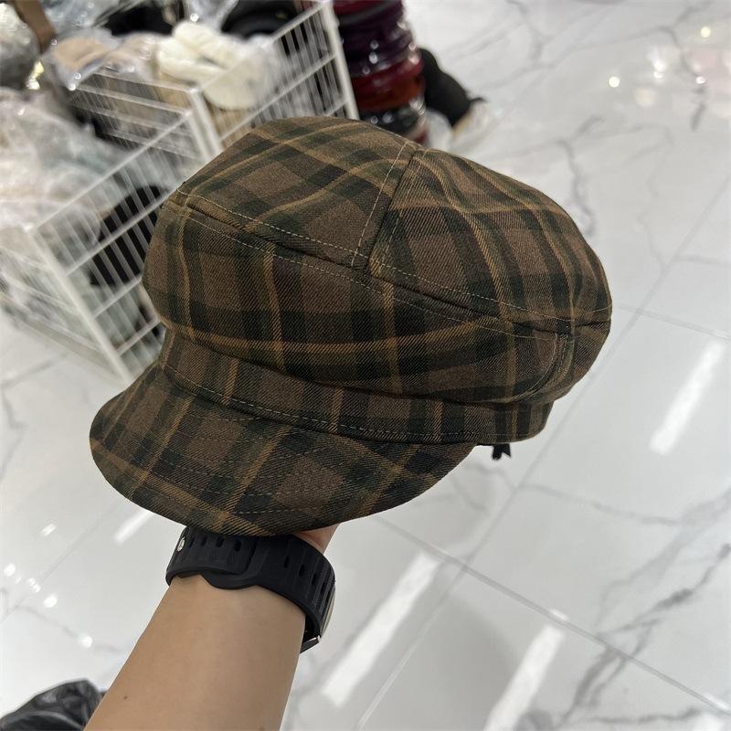 New retro polished plaid soft brim cap women's literary small fresh beret pastoral newsboy hat