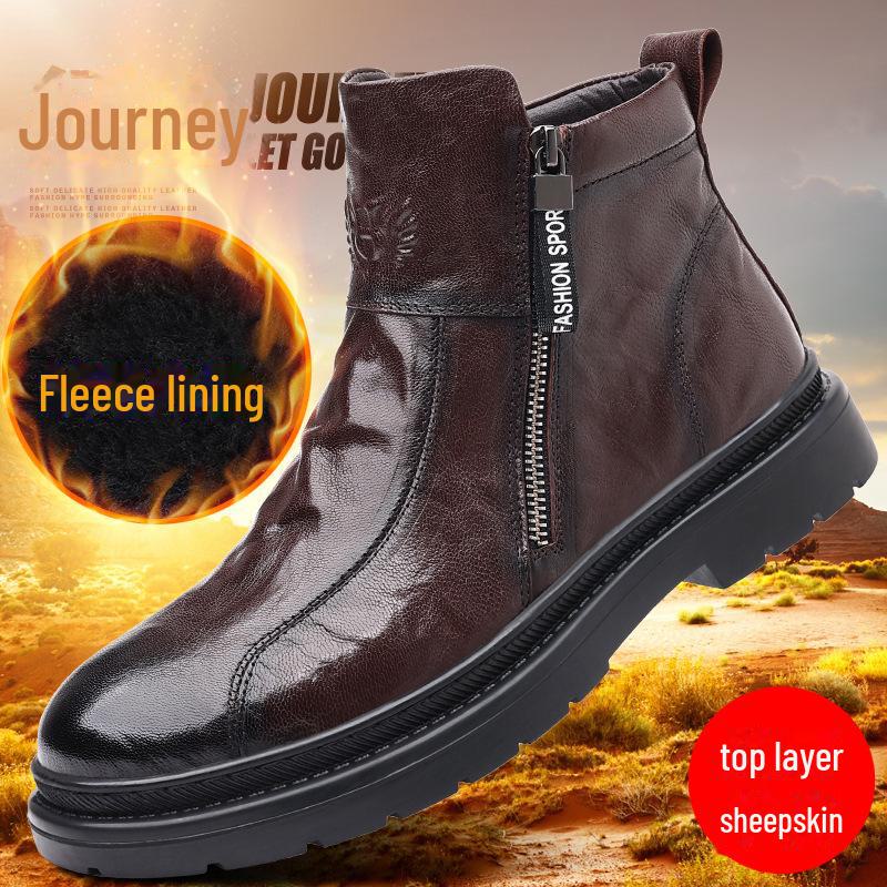 Men's Genuine Leather High-Top Martin Boots with Velvet Lining - Stylish and Warm Motorcycle Work Boots