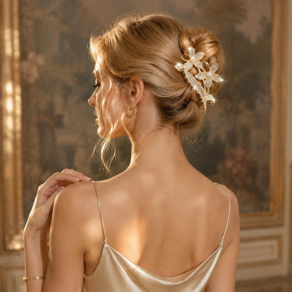 Large Metal Hair Claw Clip with Floral Design Pearl and Rhinestone Accents Tassel Hairpin for Updo Styling and Secure Hold